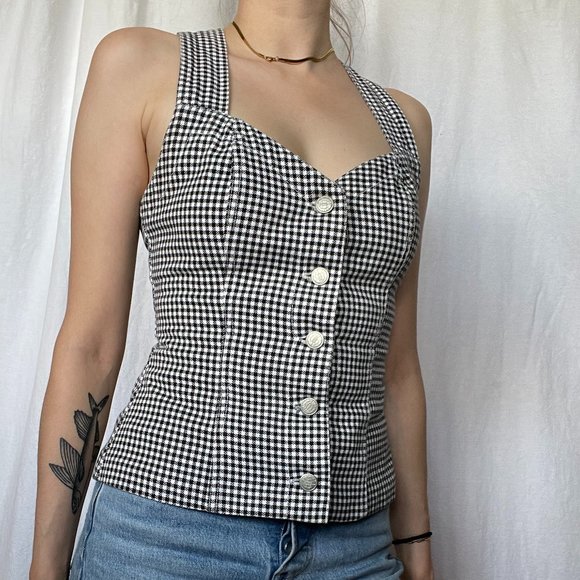 Vintage Tops - Vintage Denim Houndstooth Button Up Racer Back Boustier Top